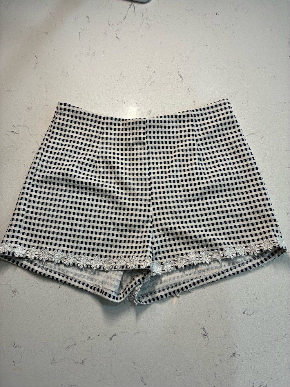 MINKPINK Navy & White Gingham Lace-Trim High Waist Shorts